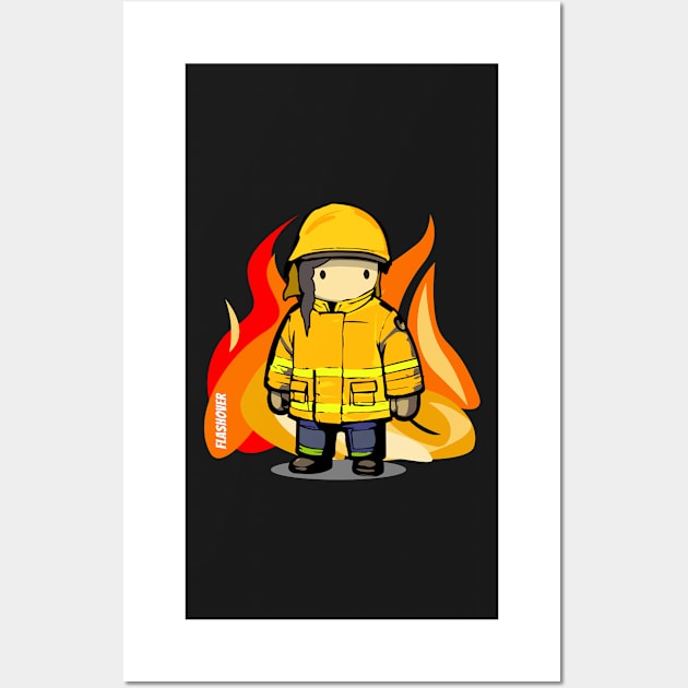 Rural Firefighter Female - Large Design (Yellow Helmet, Dark Hair) Wall Art by Flashover